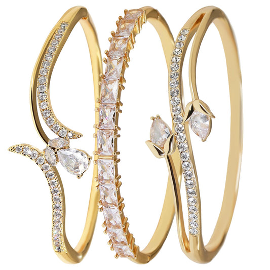 3 Pack 18K Gold Plated Bangles Bracelet Set for Women, Dainty Vintage Trendy Fashion Jewelry, Ideal Gift for Birthday Christmas Valentine's Day Mother's Day for Girlfriend Wife Mom Sister
