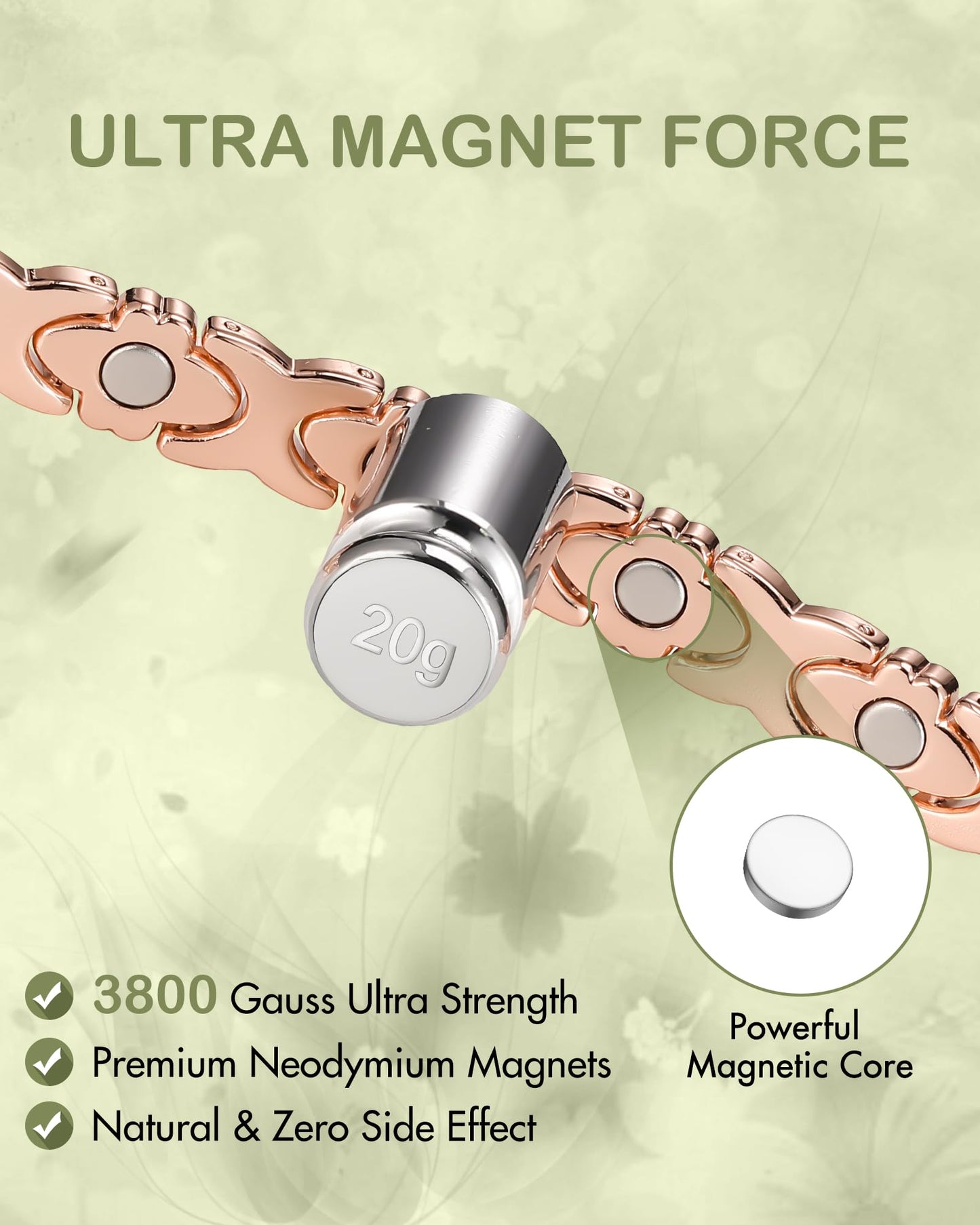 Feraco Pure Copper Bracelets for Women, Ultra Strength Magnetic Bracelet for Women with 3800 Gauss Magnet & Sparkling Cubic Zirconia, Copper Jewelry Gift, Infinite Clover (Rose Gold)