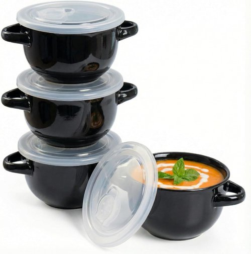 KooK French Onion Soup Crocks - Durable Ceramic Bowls with Handles | Set of 4, 18 oz, Black - Oven & Dishwasher Safe
