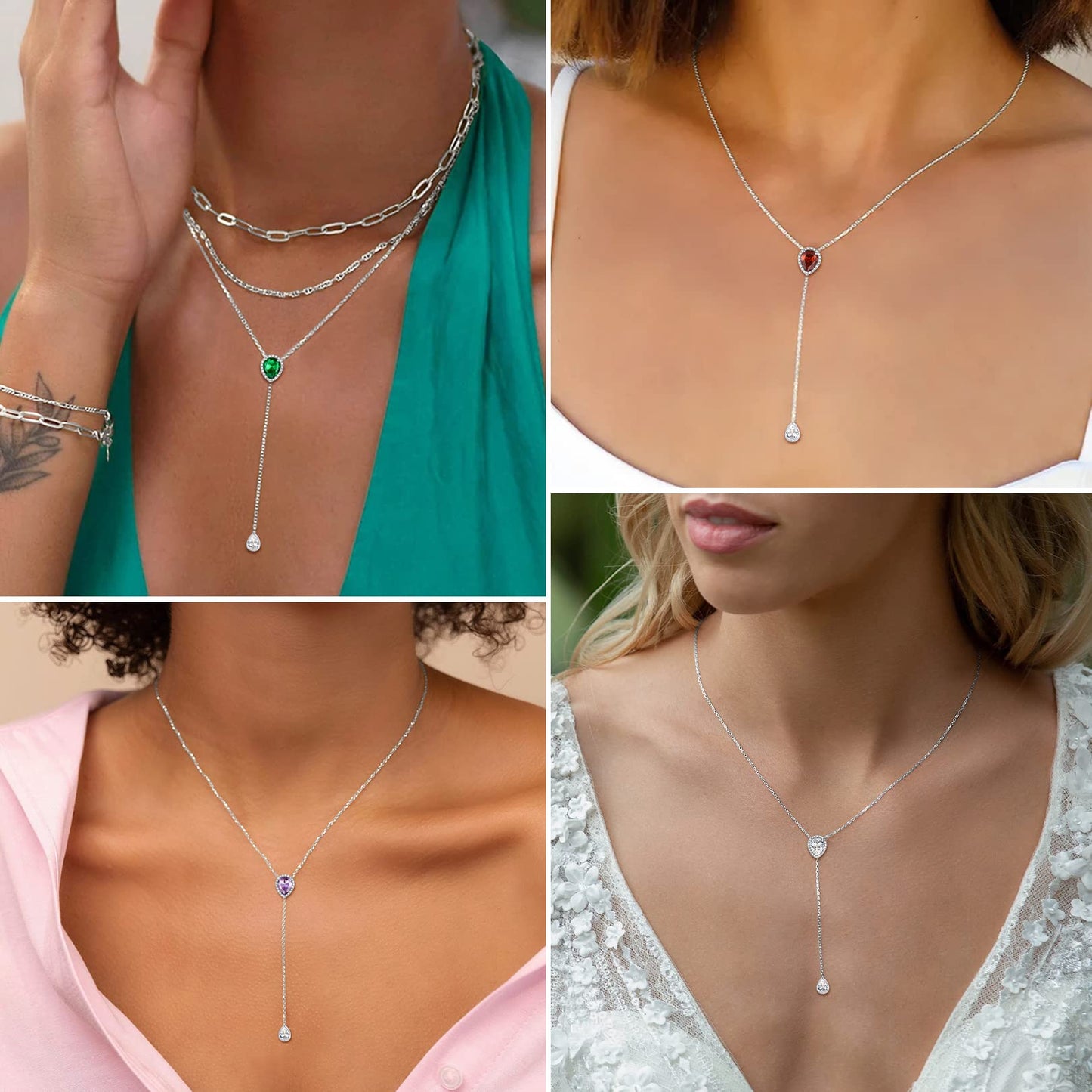 FOCALOOK 925 Sterling Silver CZ Teardrop Lariat Necklace 16"-18" Y Drop Adjustable Birthstone Necklaces Christmas Gift for Women