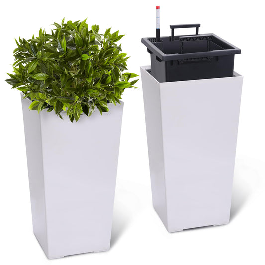 MilleLoom 22.5" Tall Outdoor Planters Set of 2, Indoor Outdoor Plant Pot with Water Level Monitor, Drainage Holes & Inner Bucket, Self Watering Flower Pots for Garden, Porch, Patio, White