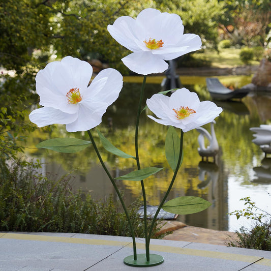 ZEYEXE Large Paper Artificial Flowers,Giant Flowers for Decoration,Huge Handcrafted Poppy Fake Flowers with Stand for Home Decor Bridal Shower Party Outdoors Yard Event Backdrop Decor (White)