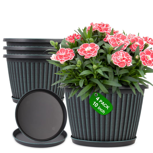 Myfeegoin Planter-Pots-for-Plants-Indoor-Outdoor, 4 Pack 10 Inch Plastic Flower Pots with Saucer & Drainage Holes, Modern Garden Planters for Planting Medium Large Plants，Decorative Resin Garden Pots