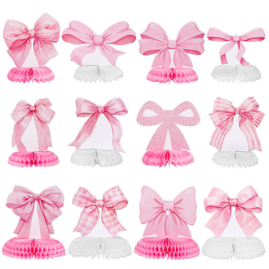 12 Pcs Pink Bow Party Honeycomb Centerpieces Pink Bow Table Centerpieces Coquette Theme Birthday Decorations Bow Party Decorations for Birthday Bachelorette Wedding Mothers Day Party Supplies