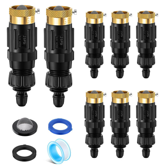 Gulfmew Drip Irrigation Faucet Adapter 25 PSI, 1/4" Tubing Quick Connect to 3/4" Garden Hose with Backflow Preventer, Filter, Tape, Pressure Regulator, Copper Drip Irrigation System Fittings (8 Pack)