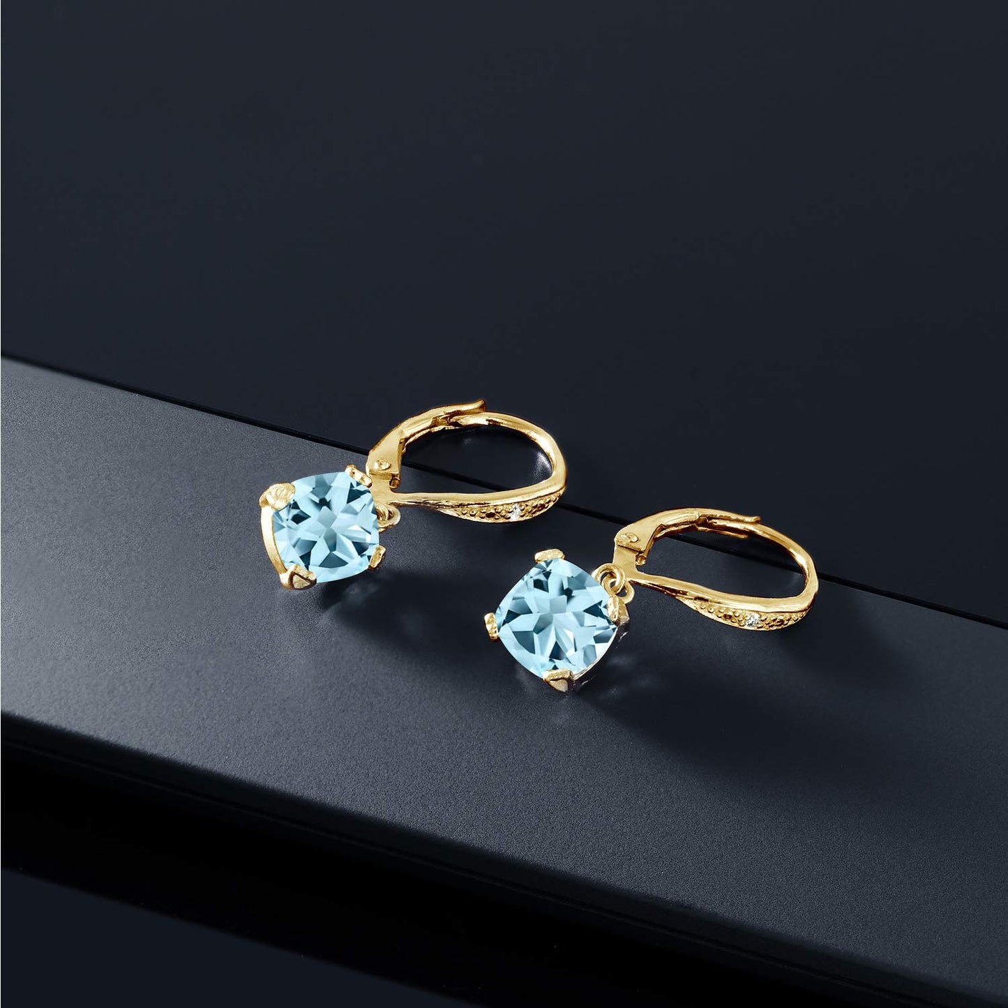 Gem Stone King Drop Dangle Earrings For Women | 7MM Cushion Cut Gemstone Birthstone and Diamond | 925 Sterling Silver | Jewelry Gift for Mom Wife Her | Sky Blue Topaz-November | Yellow Gold