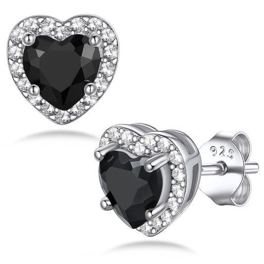 Bestyle 925 Sterling Silver Heart Birthstone Stud Earrings for Women, Black Onyx Earrings Black Diamond Stud Earrings, Women Black Silver Earrings for Everyday Wear