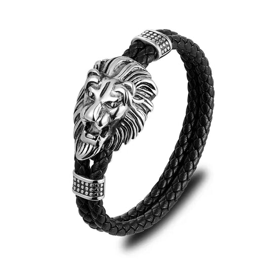 BIYONGDE Mens Black braided leather Bangle Bracelet, Vintage Stainless Steel Roaring Lion Head, Two-row