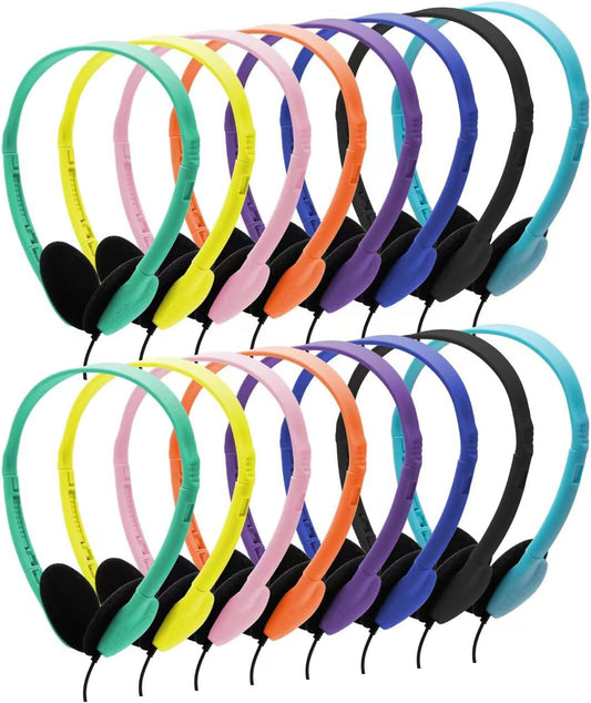 16 Pack Headsets Set 8 Headphones Bulk for Classrooms School Student Wired On-Ear Class Earphones Colors Individually