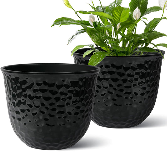Worth Garden 2-Pack 15.5" Dia Planter - 11.8" H Large Round Glossy Black Plant Pots with Drain Hole - Lightweight Decorative Plastic Flower Pots for Indoor Outdoor Use, Front Porch, Home, Yard, Deck