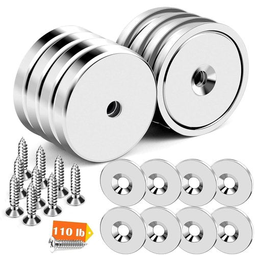DIYMAG Strong Neodymium Magnets - 8 Pack 110LBS Silver Round Cup with Countersunk Holes & Screws | Ideal for Office & Wall Mounting
