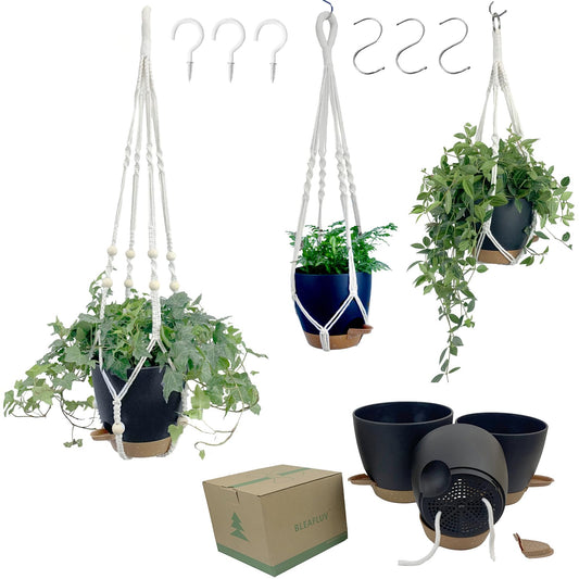 BLEAFLUV Hanging Planters with Macrame Plant Hangers for Indoor Outdoor Plants, 3 Set Hanging Baskets Flower Pots Holders 35''/27''/21'', Self-Watering Pots 7''/6''/5.5'', Boho Home Decor, Black