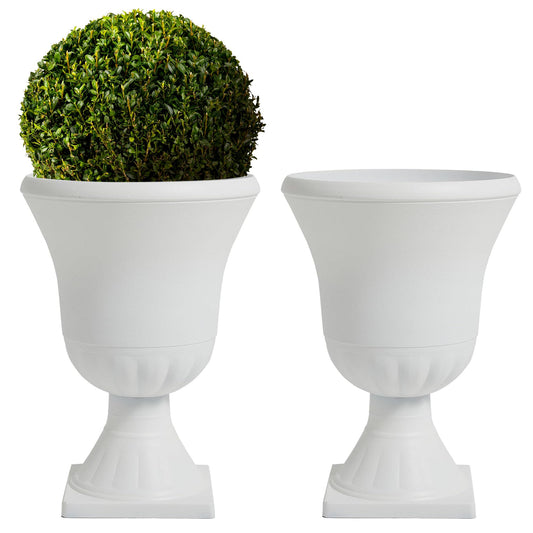 Worth Garden 2-Pack Plastic Urn Planters - 22'' Tall Round Classic Resin Flower Pots Pure White Traditional Large Roman Plant Pots for Front Porch Patio Deck Wedding Decoration Pot - Indoor & Outdoor