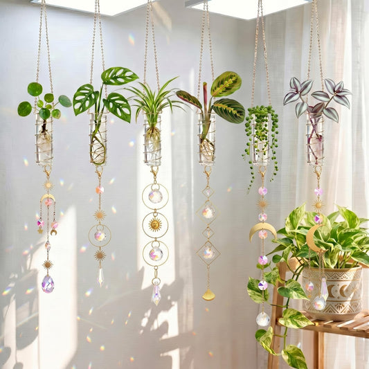 Ferrochef 6 Pcs Plant Propagation Station Colorful Crystal Suncatcher, Handmade Boho Rooting Vase, Hanging Window Plant Propagator Stations Suncatcher with Chain Pendant Ornament Balls