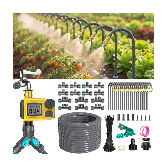 CyberOrd 98FT 1/2" Drip Irrigation System Kit with Smart Water Timer for Garden,Automatic Watering System with 20pcs 360° Adjustable Copper Nozzles, Irrigation System for Garden,Yard, Lawn,Greenhouse