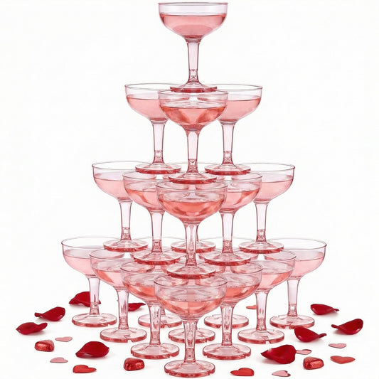 Zopeal 30 Pcs Plastic Champagne Tower Glasses - 5 oz Disposable Coupe Cocktail Cups for Graduation, Summer Pool Parties, Weddings, and Birthday Celebrations(Pink,Transparent)