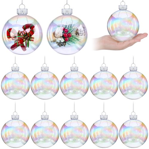 12 Pcs Large 4 Inch Iridescent Ornaments Clear Christmas Ornament Balls Iridescent Christmas Balls for Tree, Plastic Ornaments Clear Plastic Fillable Decoration, Xmas Hanging Decor for Holiday