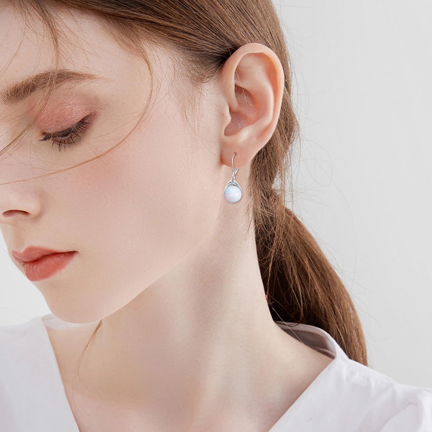 POPLYKE Opal Earrings Dangle for Women Sterling Silver Round White Opal Leverback Earrings White Opal Earrings Jewelry