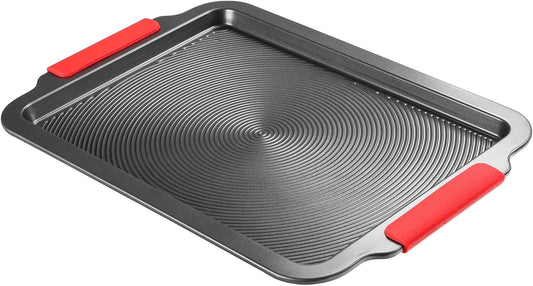 Skiennix Nonstick Baking Sheet - 16x11in Cookie Sheet with Circle Grooves & Red Grips | PFAS/PTFE Free, Gray