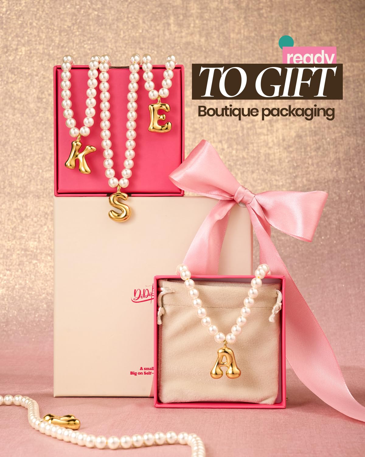 DoDoBeads Pearl Initial Necklace, 18K Gold Plated Stainless Steel Balloon Letter Pendant E, Non-Tarnish Waterproof Chunky Monogram Jewelry Gifts for Women Teens