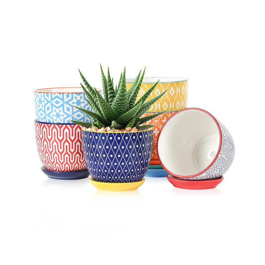 Selamica Ceramic Succulent Pots, 4.6 Inch Small Plant Pots with Drainage Holes & Saucers, Succulent Planters for Indoor Plants Cactus, Home Decor, Set of 6, Assorted Colors