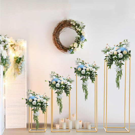 4 Pcs Inweder Column Vases Wedding Centerpieces, Different Sizes Gold Floor Vase, Tall Metal Vase Column, Rectangular Geometric Flower Rack，for Wedding Decorations, Event, Home, Party(16",24",32",40")