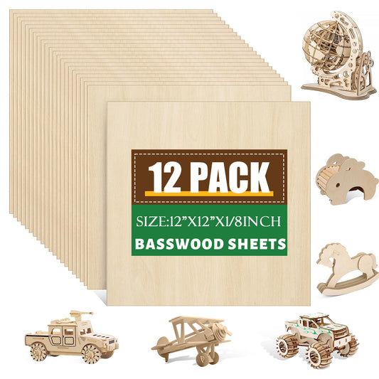 12 Pack Basswood Sheets 1/8x12x12 Inch for Crafts,Unfinished Wood for Laser Cutting & Engraving,Wood Burining,Plywood for Architectural Models.