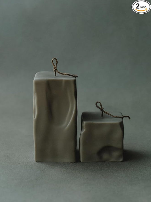 LAWA Raw Block Set of 2 Candle - Beautiful Handmade Pillar Scented Soy Wax Elegant Aesthetic Candle Housewarming Gift Home Room Shelf Decor Idea (Earthy Green, Set of 2)