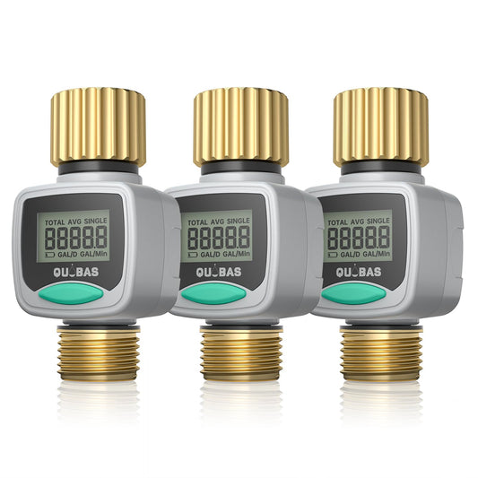 QUOBAS 3 Pack Water Flow Meter with Brass Fittings, Easy-Install Garden Hose Flow Meter for RV, Outdoor Plants, Lawn & Pool, Waterproof Screen, Tracks Gallon/Liter Usage, 4 Modes