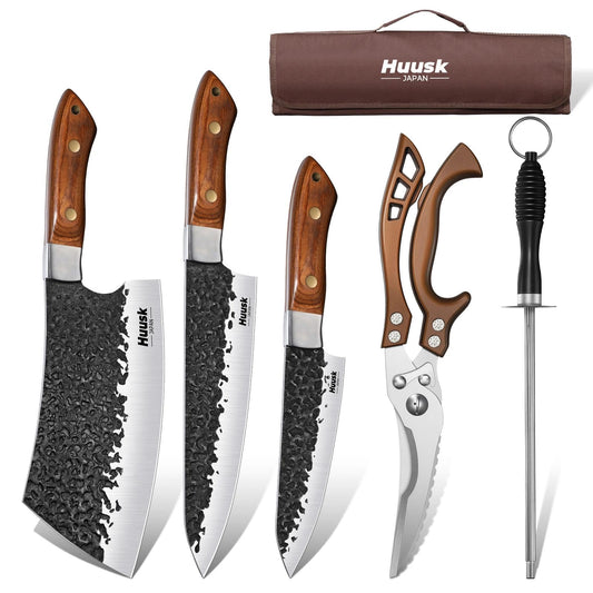 Huusk Chef Knife Set 5Pcs - Hand Forged Meat Cleaver & Chef Viking Knife & Utility Knives, Kitchen Knives Set with Bag for Cooking, Outdoor Camping, BBQ, Gifts for Men