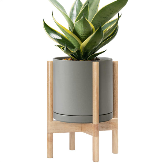 D'vine Dev Ceramic Planter with Natural Stand - 10 Inch Modern Round Flower Pot with Wood Planter Holder, Grey, 55-B-K-3