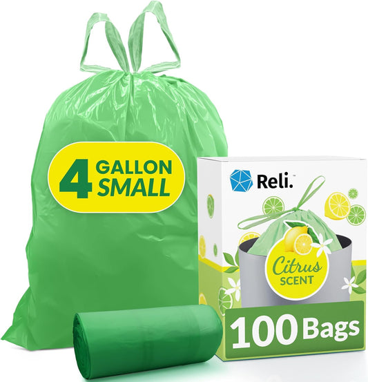 Reli. 4 Gallon Trash Bags - Citrus Scented Drawstring Liners | 100 Count for Small Trash Cans