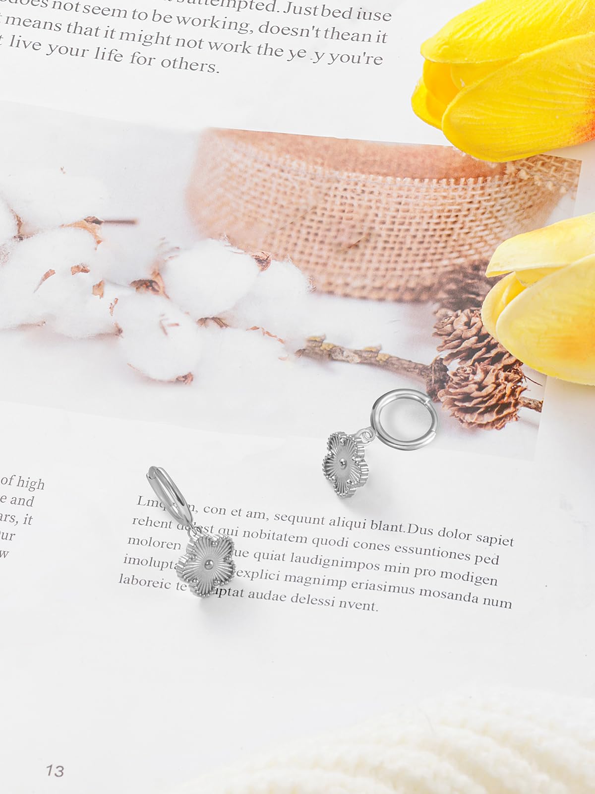 Gold Plated Five Leaf Clover Dangle Earrings for Women Lucky Flower Jewelry (Silver-White Gold Plated)