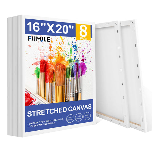 FUMILE 16x20 Canvas for Painting Stretched, 8 Pack Canvases for Painting-5/8 in Profile Primed White Blank Painting Canvas Value Pack for Oil & Acrylic Paint