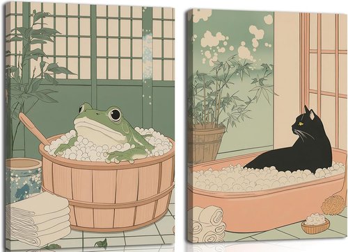 Japanese Wall Art - Funny Black Cat & Frog Bathtub Canvas Print | Vintage Aesthetic Bathroom Decor 12x16 Inch