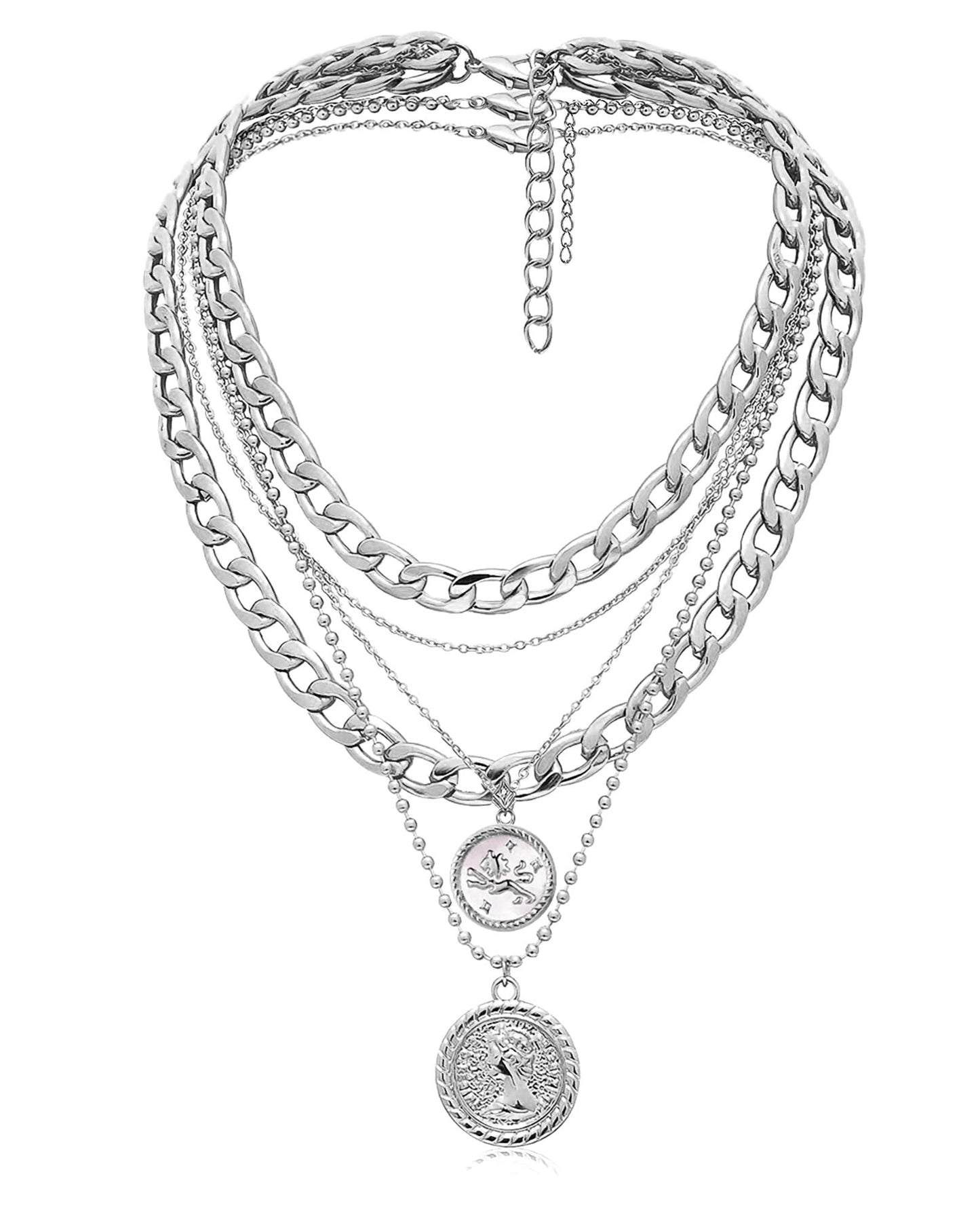 MJartoria Gold Layered Necklaces for Women Trendy Retro Coin Pendant Necklace Dainty Chunky Chain Choker Necklaces for Jewelry Birthday Gifts (Silver, Zodiac-Leo-3PCS Layered)