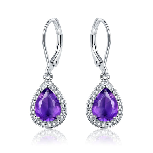Barzel 18K White Gold Plated Created Amethyst Drop Earrings With CZ Accent (Amethyst)