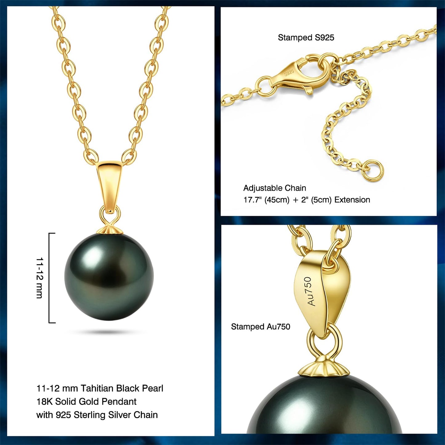 18K Solid Yellow Gold Tahitian Black Pearl Necklace Pendant with Sterling Silver Chain, AAAAA 11-12mm Ocean-Grown Pearls - Christmas Gift for Wife Mom, Women Jewelry for Wedding Anniversary Birthday