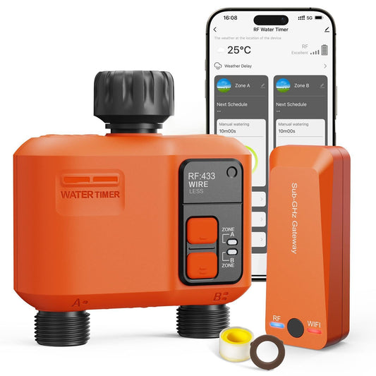 WiFi Water Timer for Garden Hose with 984 ft Range,Smart 2- Zone Sprinkler Timer, APP & Remote Control, Voice Control,Rain Delay, Manual Mode Sprinkler System, Lawn Sprinklers for Yard Large Area