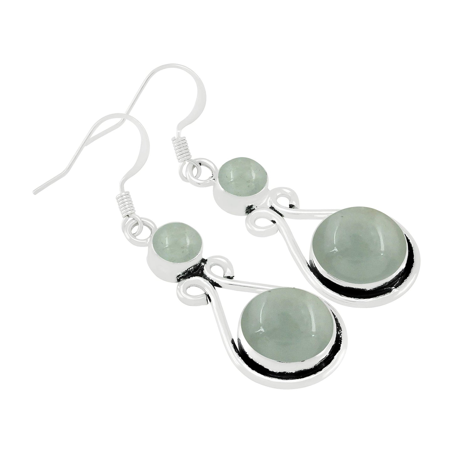 Natural Aquamarine Silver Plated Dangle Earrings for Women - March Birthstone Round Gemstones Drop Earrings Jewelry - Handmade Gift for Her