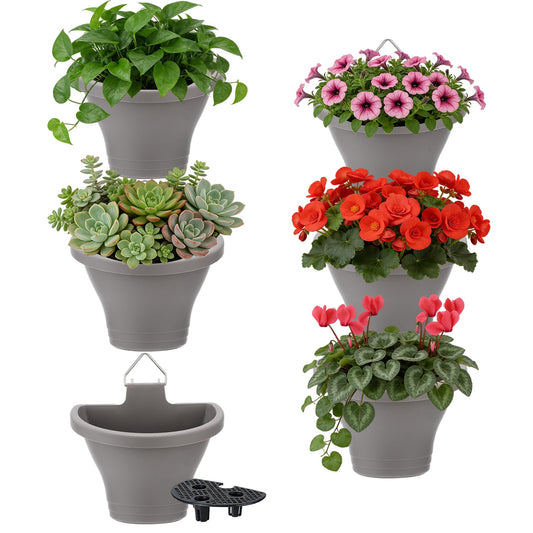 MADHOLLY 6Pcs Vertical Hanging Planters for Outdoor Plants - Wall Plant Holder for Indoor Decorations Garden Fence, Plastic Flower Pots with Drainage Grid and Hooks (Gray)