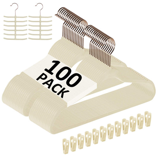 VECELO Premium Velvet Clothes Hangers Suit Heavy Duty (100 Pack)-Non Slip & Space-Saving with 12 Finger Clips & 2Tie Rack Excellent for Men and Women,Light Beige