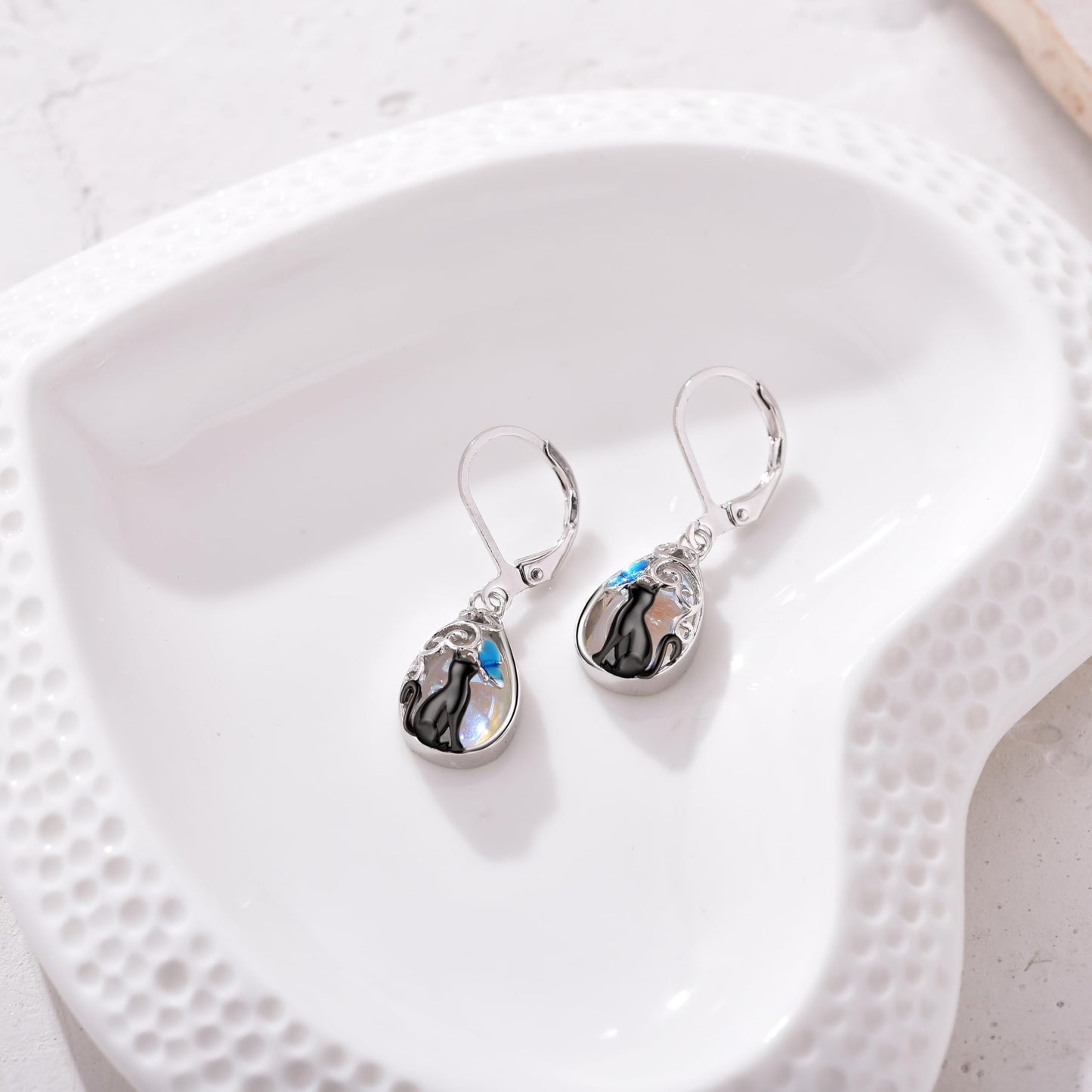 HELORET Black Cat Moonstone Dangle Earrings with Butterfly Leverback Design