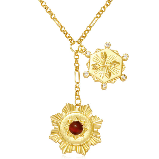 BONJOULRY Chunky Gold Flower Sun Coin Charm Pendant Necklace with Tiger Eye Bead for Women 18K Gold Plated Dainty Link Chain Choker Necklaces Trendy Celestial Jewelry Holiday Gift