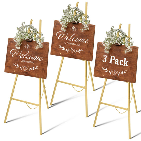 Yuntau 3 Pieces Gold Metal Easel Stand for Sign, 50 Inch Display Stand Adjustable 3 Tier Easel for Wedding Sign, Posters, Paintings, Exhibition