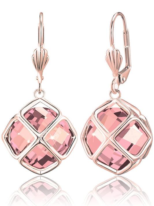 Big Rose Quartz Crystal Dangle Earrings for Women (Oct-Pink-Rose Gold)