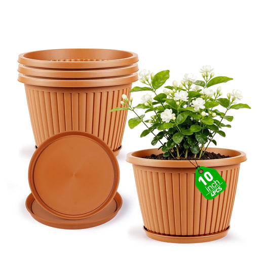 Myfeegoin Planter-Pots-for-Plants-Indoor-Outdoor, 4 Pack 10 Inch Plastic Flower Pots with Saucer & Drainage Holes, Modern Garden Planters for Planting Medium Large Plants，Decorative Resin Garden Pots