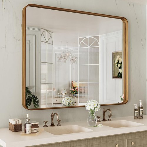 LOAAO Bathroom Mirror - 40x24 Inch Rounded Rectangle with Wood Grain Metal Frame | Anti-Rust, Versatile Hanging Options