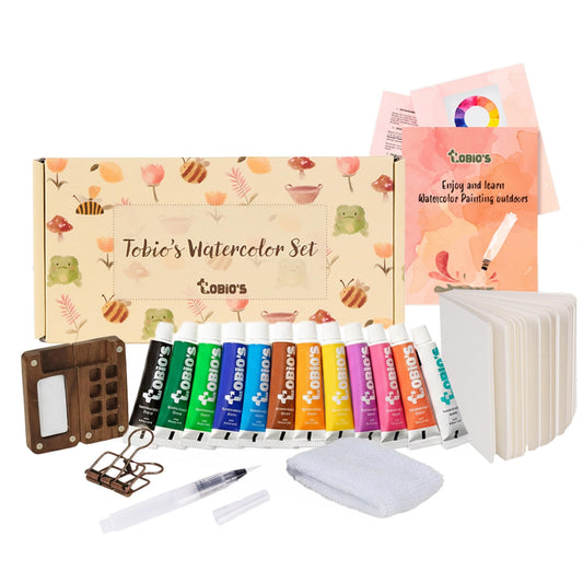 Tobios Watercolor Paint Set, Mini Travel Watercolor Kit with 12 Colors, Refillable Water Brush, Wooden Palette & Sketchbook, Portable Painting Set for Beginners, Journaling & Gifts