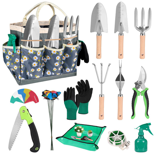 62-Piece Heavy-Duty Garden Tool Set, Complete Garden Tool Kit with Stainless Steel Shovel, Repotting Mat, Pruning Shear&Durable Gardening Tool Bag, Gardening Gift Set—Ideal Gift for Women/Men/Beginner